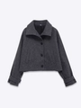 Close-up of a dark grey wool-blend cropped jacket featuring a wide collar and buttons - S / Dark Gray