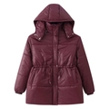 Cappotto imbottito bordeaux da donna con cappuccio, coulisse in vita e chiusura zip - S / Borgogna