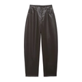 Detail view of high-waist faux leather pants in dark brown with side pockets - S / Dark Coffee