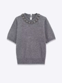 Close-up of grey knit top featuring sparkling rhinestone floral clusters on neckline - S / Gray