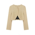 Dames cropped tweed jasje in licht goud metallic stof met ronde hals en een metalen knoop - S / Champagnegoud