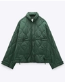 Women's dark green quilted jacket with stand collar and drawstring patch pockets - XS / Green