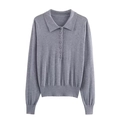 Polo en maille grise pour femmes avec manches longues, boutons et finitions côtelées - S / Gris