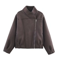 Giacca da donna in finta pelle scamosciata marrone scuro con cerniera argento asimmetrica - XS / caffè