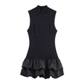 Elegant black sleeveless dress with lace patchwork and ruffled hemline in satin finish - XS / Black