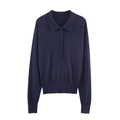 Pull en maille bleu foncé à manches longues avec col polo boutonné et bords-côtes ajustés - S / Bleu marine