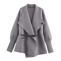 Mid-grey knit cardigan with oversized collar, lantern sleeves and thin brown leather belt - Gray