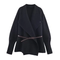 Women's black knitted cardigan coat with large lapel and slim brown leather belt - Black