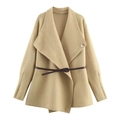 Detail of khaki knit cardigan featuring wide scarf collar and amber marble button closure - Khaki