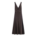 Elegant deep chocolate brown satin midi dress with V-neckline and high side slit - XS / Coffee
