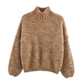 Oversized chunky knit high neck sweater with earth tone mélange pattern and ribbed cuffs - S / Light Brown Mixed