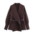 Detailed view of dark brown wool coat featuring lapel collar, matching belt and button - Coffee