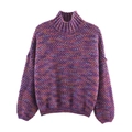 Loose purple chunky knit sweater with colorful mixed yarn and ribbed cuffs for women - S / Purple Pink Mixed
