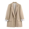 Blazer beige da donna con revers, bottone singolo e fodera a righe sui polsini risvoltati - XS / Cachi