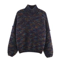Loose knit sweater for women with colorful speckled yarn and ribbed turtleneck design - S / Dark Mixed Speckle