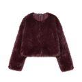 Short faux fur jacket in burgundy with round neck and silky lining for autumn fashion - XS / Burgundy