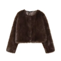 Fashionable dark brown faux fur jacket for women with soft plush texture and short cut - XS / Coffee