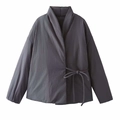 Minimalistische dunkelgraue Kimono-Jacke mit Bindegürtel und weichem Winterstoff - XS / Grau