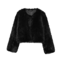 Detailed macro view of black faux fur texture and brand label on short fluffy jacket - XS / Black