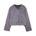 Close-up of gray faux fur jacket showing high-quality texture and Indefeir brand label - XS / Slate Gray