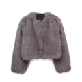 Women's faux fur cropped jacket in grey plush texture, minimalist round neck style - Dark Gray