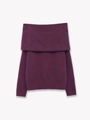 Detail of elegant off-shoulder deep purple knit sweater with ribbed collar texture - S / Burgundy