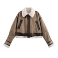 Giacca biker da donna in finto scamosciato color cammello con collo in agnellino - XS / Marrone