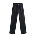 Damen High Waist Straight Leg Jeans in Schwarz mit rohem Saum und kontrastierendem Knopf - S / Schwarz