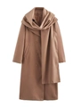 Detail of camel wool coat featuring a unique scarf collar and matching buttons - S / Camel