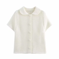 Elegant cream short sleeve knit cardigan with Peter Pan collar and button closure - S / White
