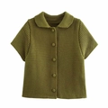 Olive green short-sleeved knit cardigan with lapel collar and single-breasted buttons - S / Green