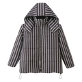 Detail view of winter striped puffer jacket featuring hood metal snaps and zipper closure - Image Color (Dark Brown)