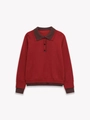 Deep red long sleeve knit polo sweater with contrasting dark brown ribbed trims - S / Red & Brown Color Block