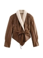 Chaqueta de cuero sintético marrón con forro de pelo blanco y diseño de lazo en cintura - XS / Marrón