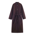 Cappotto lungo in lana bordeaux con collo alto, cintura in vita e bottoni frontali - XS / Marrone Scuro