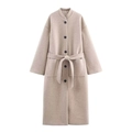 Cappotto lungo classico in misto lana avena con collo alto e cintura da donna - XS / Cachi