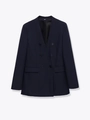 Detailed flat lay of navy blue double-breasted blazer with buttons and flap pockets - XS / Black