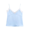 Light blue satin camisole with white lace V-neck trim and slim straps on white background - XS / Light Blue