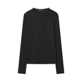 Close-up of crew neck collar and brand label on a slim-fit black long sleeve knit top - Black