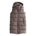 Detail of dark brown quilted vest showing adjustable hood, drawstring, and metal snap buttons - M / Khaki