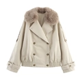 Chaqueta corta beige con cuello grande de piel sintética y botones de mármol de doble botonadura - XS / Blanco Roto