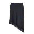 Satin midi skirt in black with asymmetrical hem and eyelash lace trim detail - XS / Black