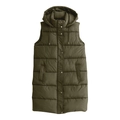 Detail view of olive green quilted long puffer vest with hood and snap buttons - M / Green