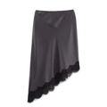 Asymmetric charcoal satin midi skirt with elegant black lace trim detail on hem - XS / Dark Gray