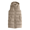 Detail of khaki quilted long hooded vest with metal buttons and horizontal stitching - M / Off White