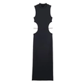Schwarzes ärmelloses Maxikleid mit hohem Kragen, Ausschnitten und Strasssteinen - S / Schwarz