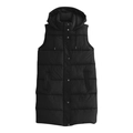 Women's long quilted puffer vest with hood and snap buttons in classic black finish - M / Black
