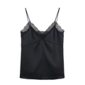 Elegant black satin camisole with delicate lace trim and thin straps on white background - XS / Black