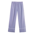 Women's blue and white striped high-waisted wide-leg home pajama pants with white piping - Striped Pants