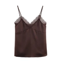 Detail of dark chocolate satin camisole with eyelash lace neckline and thin straps - XS / Dark Brown
